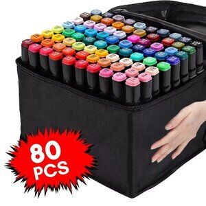 80-Color Dual Tip Alcohol Markers Set – Art Drawing Pens for Kids & Adults